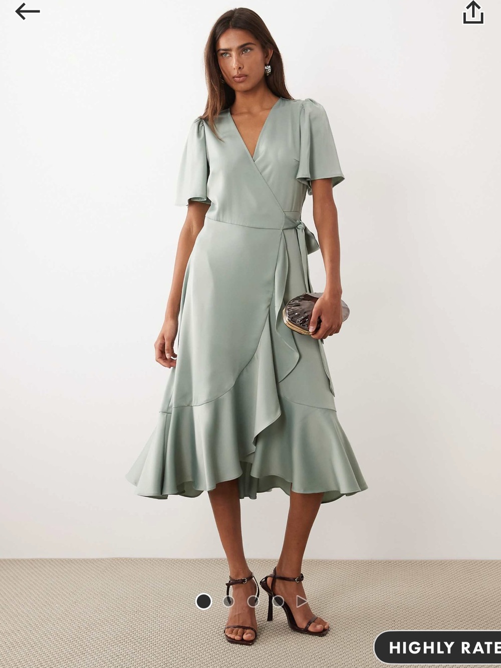 YAS Satin Wrap Midi Dress in sage green